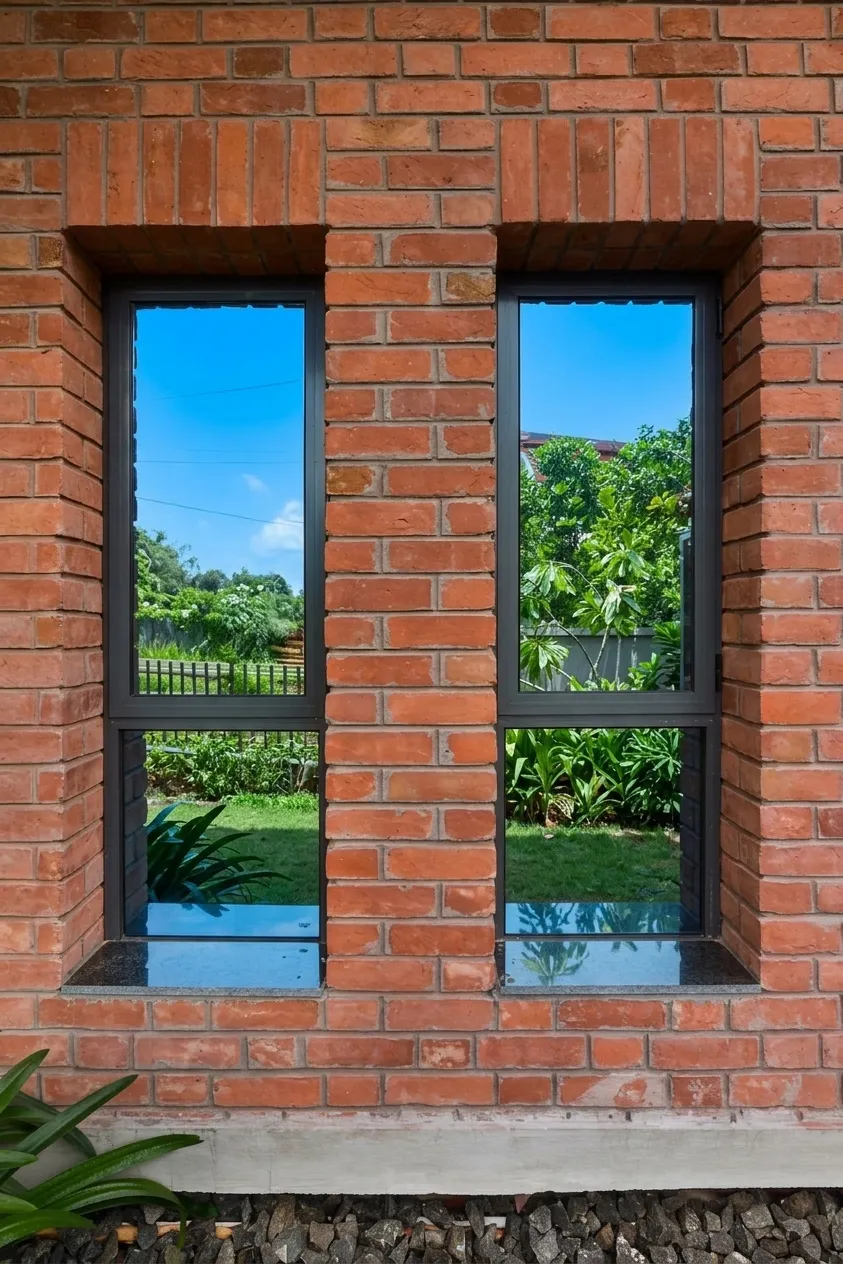 Brick home living-room windows with reflective privacy film
