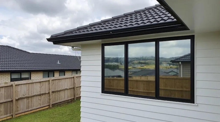 Corner window of a modern home tinted with window film